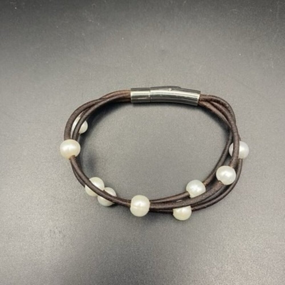 Genuine Pearl Leather Bracelet 7" Multi Strand Stainless Steel Push Lock Clasp - Picture 1 of 6